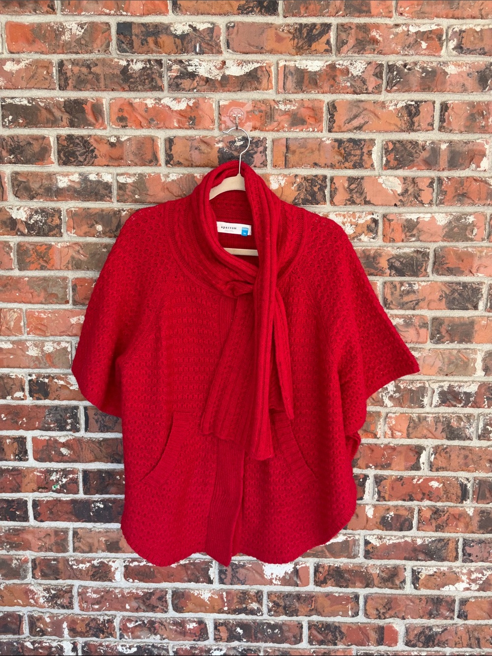 sparrow Red Knit Poncho with Attached Scarf